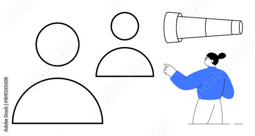 Leadership, vision, goal setting, strategy, teamwork, future planning. Minimalistic design of human figures and a telescope, with a pointing character. Leadership and vision concept