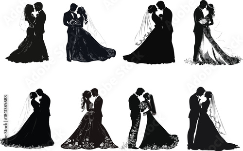 Bride and Groom  Wedding Celebration Theme set Silhouette Vector	