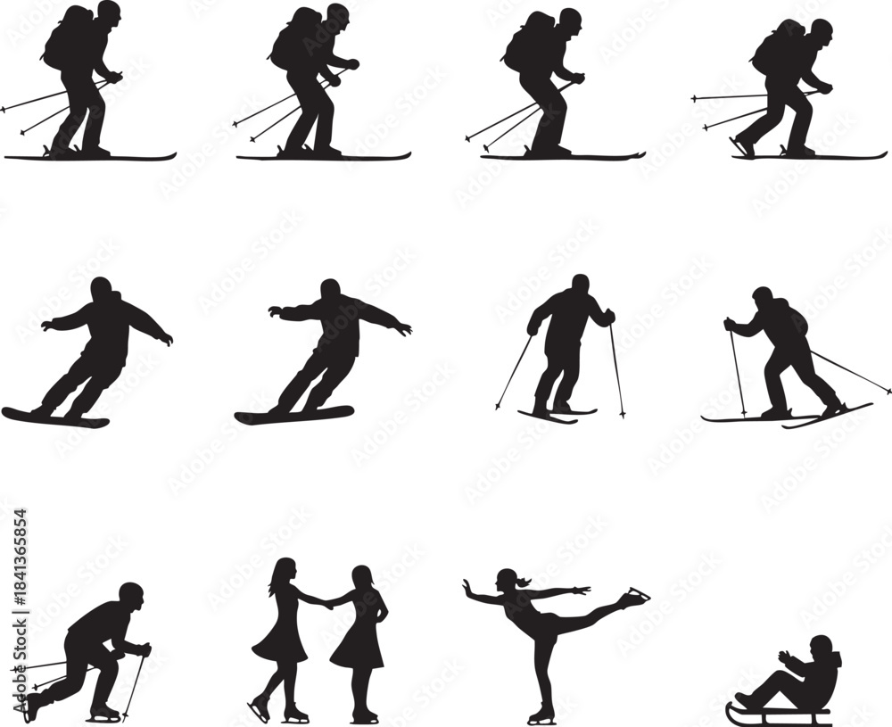 Obraz premium Winter Sports Activity Silhouette Set, Skiing Snowboarding Ice Skating Icons