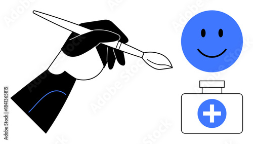 Art and wellness concept. Art creativity and happiness combined with a medical flask health and care for overall wellness. Art connecting health and joy. Perfect for therapy, design, healthcare