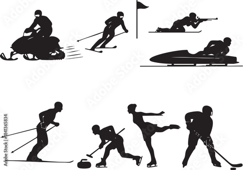 Winter Sports People Silhouettes Set, Cross-country Skiing Curling Figure Skating Hockey