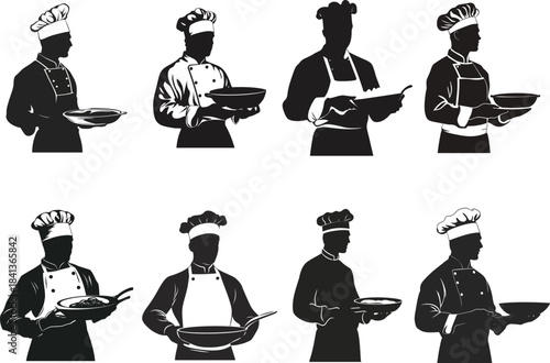  Chef holding pan cooking professional set Silhouette Vector	