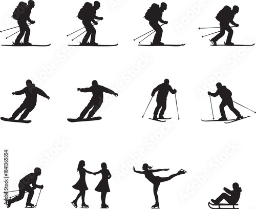 Winter Sports Activity Silhouette Set, Skiing Snowboarding Ice Skating Icons
