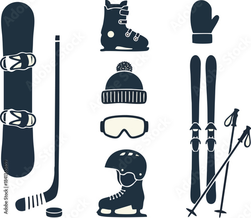 Winter Sport Equipment Silhouette Set, Icon Collection, Snowboard Hockey Ski Gear