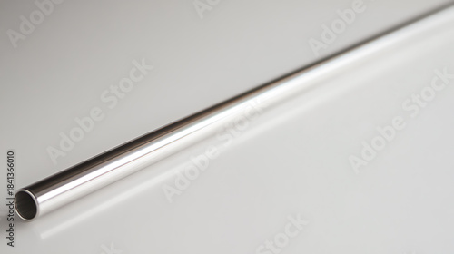 A reflective metallic tube laying on a pristine white surface, exhibiting sleek industrial design. The minimalistic composition focuses on the tube's form and shine.