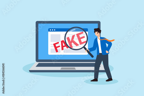 Flat illustration of businessman using magnifying glass to detect fake content on laptop screen symbolizing misinformation detection and fact checking
