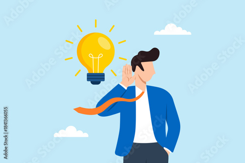 Flat illustration of businessman listening to glowing lightbulb symbolizing idea generation inspiration creativity innovation and leadership insight