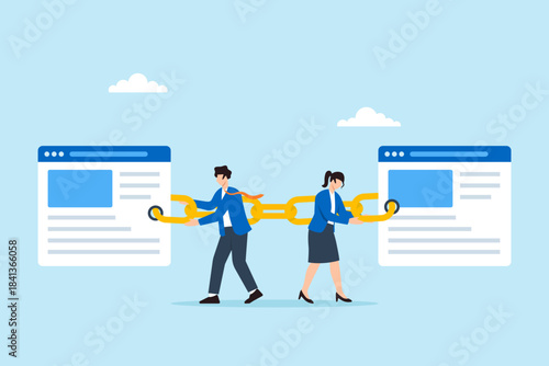 Flat illustration of businessman and businesswoman linking two web pages with chain symbolizing backlink strategy SEO optimization and digital marketing