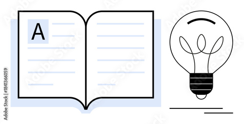 Education, knowledge sharing, brainstorming, innovative thinking, learning tools, intellectual growth. Open book and lightbulb reading and ideas. Education and creativity concepts