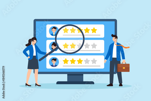 Flat illustration of man and woman analyzing digital star reviews with magnifying glass symbolizing customer feedback evaluation and online reputation management