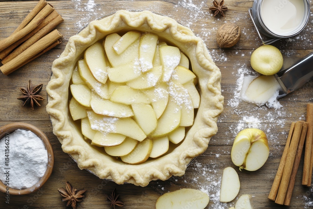 Fototapeta premium Homemade apple pie preparation with fresh ingredients and rustic decor on wooden table