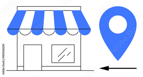 Local business concept. Stylized shop icon with blue geolocation pin and directional arrow. Local business navigation, mapping services, and geolocation for small business solutions. Retail, location