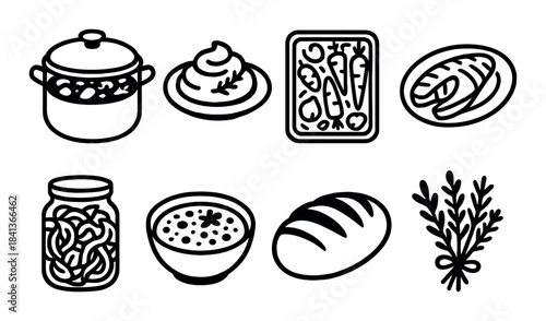 Collection of food icons: soup, bread, vegetables, herbs, and pasta jar