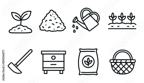 Set of gardening icons: tools, plants, watering, seeds, and more