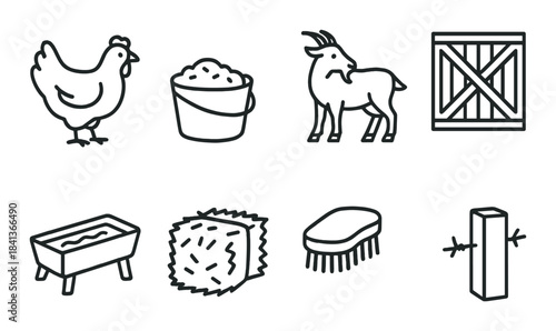 Farm animal and equipment icons featuring chicken, goat, feed, hay, brush, trough, and barn tools