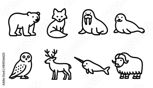 Outline illustrations of arctic animals including bear, fox, walrus, seal, owl, deer, narwhal, musk ox