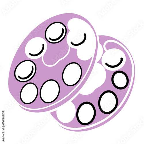 Simplified illustration depicting two purple biological cross-sections with multiple internal cellular components
