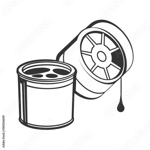 Illustration of a cylindrical container with top openings and a tilted spool with a dangling string
