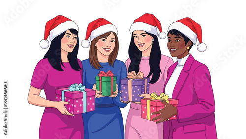 Four diverse women celebrate holiday season exchanging colorful gifts