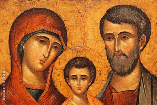 Ancient religious icon depicting the Holy Family with Mary, Joseph, and baby Jesus in traditional Byzantine style