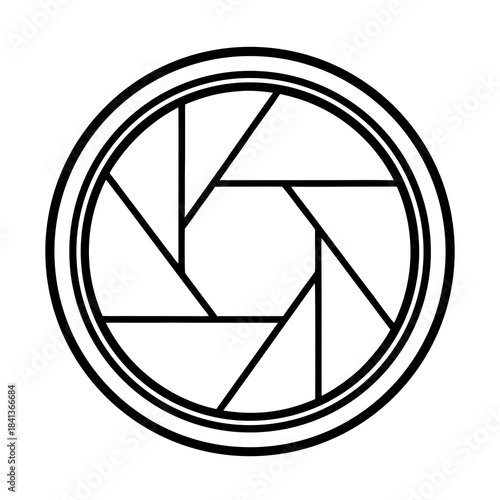 A detailed line art icon illustrating a camera lens aperture with its six-bladed mechanism
