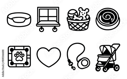 Pet care icons featuring bed, kennel, toys, leash, and stroller symbols