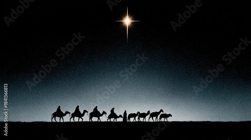 Three Wise Men follow the Star of Bethlehem across a dark desert landscape at night