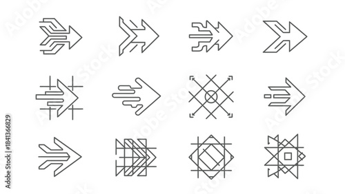 Collection of 12 abstract, geometric, futuristic line art arrow icons pointing right