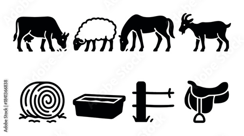 Silhouette barn animals and farm equipment illustrations