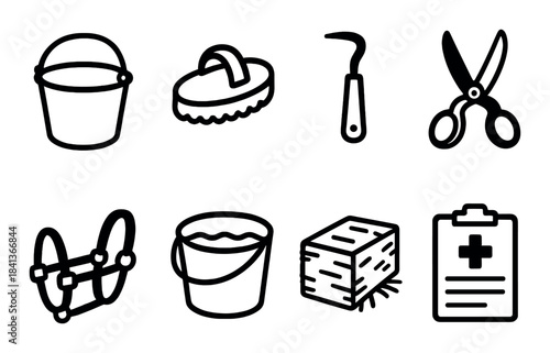 Horse grooming icons: bucket, brush, hoof pick, scissors, harness, clipboard, equipment