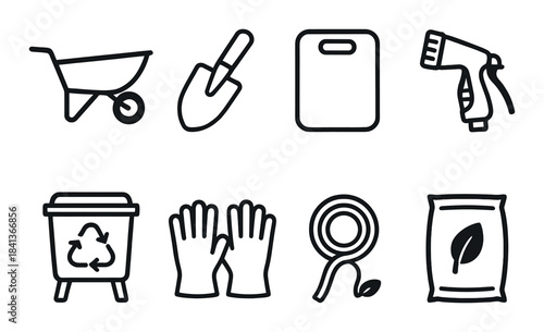 Monochrome garden tools icons: trowel, wheelbarrow, watering hose, and more