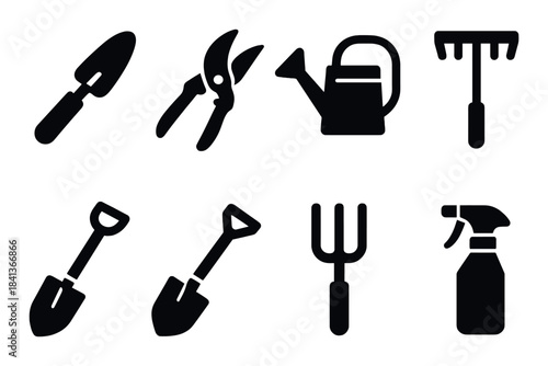 Silhouettes of garden tools including shovel, shears, watering can, rake, fork, spray bottle