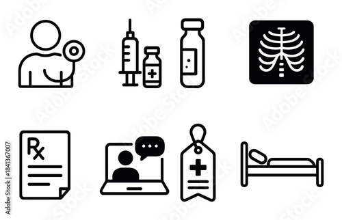 Medical icons: doctor, injection, medication, x-ray, prescription, telemedicine, hospital bed