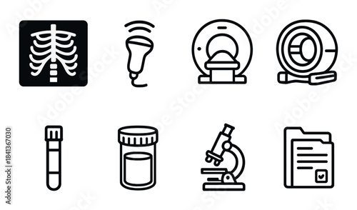 Medical diagnostic tools icons: x-ray, ultrasound, mri, lab equipment