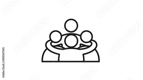 Group of four people hugging, teamwork, unity, friendship, community, support, connection icon simple line art