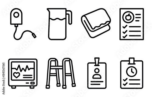 Medical equipment icons set including vital monitor and walker