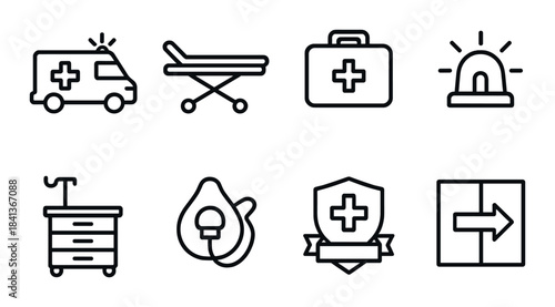 Set of medical icons: ambulance, stretcher, first aid, emergency, healthcare symbols