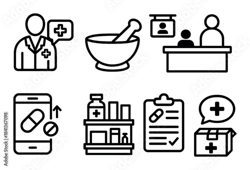 Medical icons set: doctor, pharmacy, consultation, prescription, medicine management