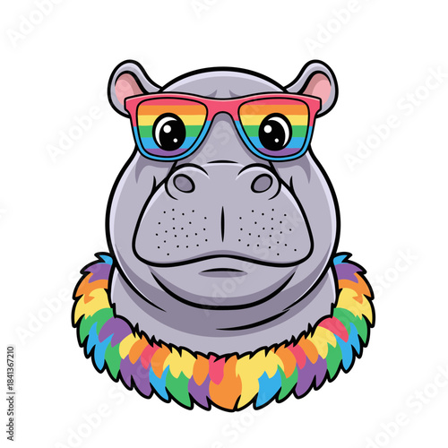 Cute Hippo Character Wearing Rainbow Sunglasses and Lei Kawaii Hippopotamus Mascot for Pride and Joy
