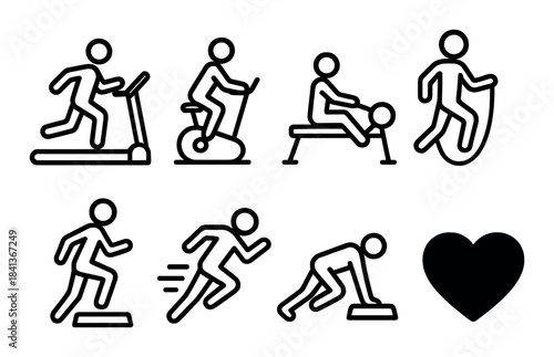 Set of simple workout icons: treadmill, jump rope, cycling, heart, fitness activities