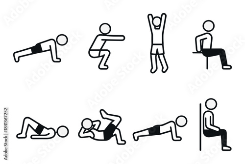 Animated workout routine: push-ups, squats, plank, and more