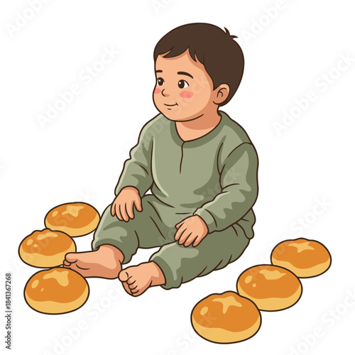 Smiling cartoon toddler boy sitting barefoot in green pajamas surrounded by golden baked buns vector 