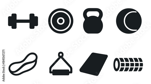 Silhouette set of fitness equipment icons on black background