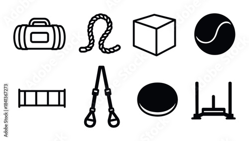 Black fitness equipment icons: kettlebell, rope, sled, resistance bands, medicine ball