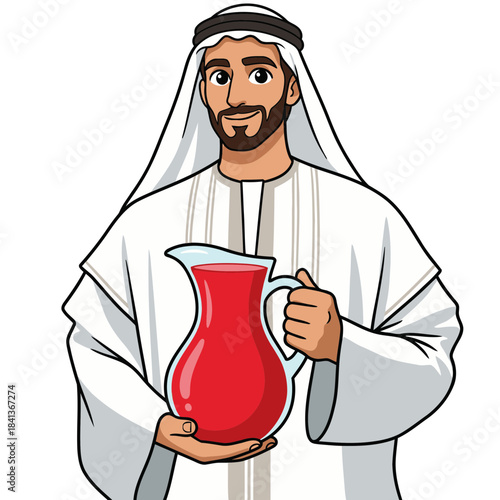 Arab man in traditional white thobe holding a red juice pitcher cartoon isolated vector