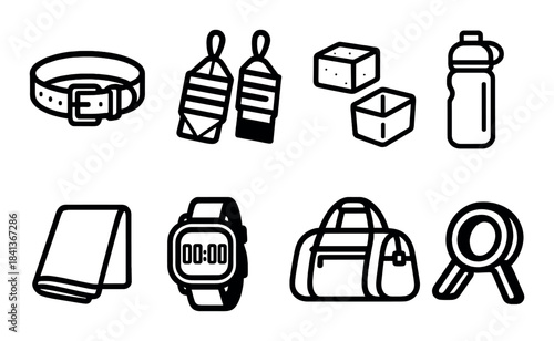 Gym essentials: belt, straps, blocks, bottle, punch mitts, towel, watch, bag, magnifying glass icons