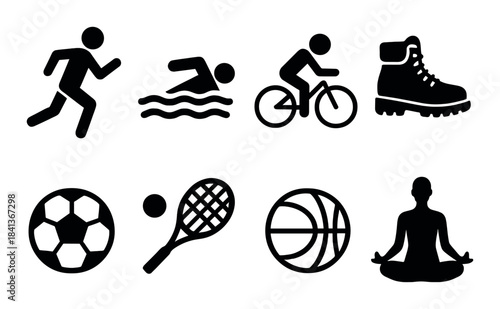 Silhouette icons of various sports and activities on a dark background