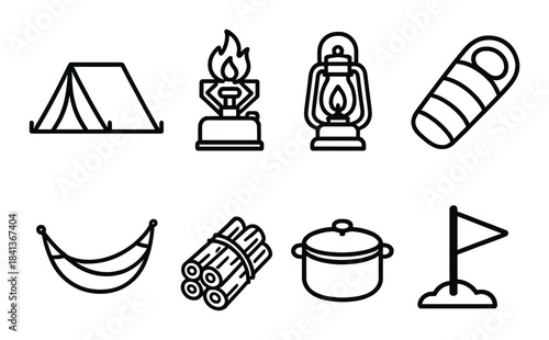 Camping gear icons: tent, stove, lantern, sleeping bag, hammock, firewood, pot, flag
