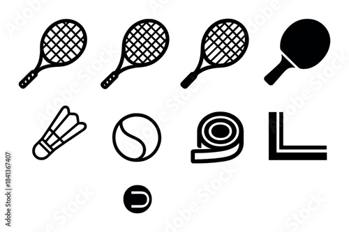 Collection of sports equipment icons: tennis, badminton, ping pong, tape measure, l square