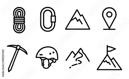 Mountain climbing icons: gear, safety, navigation, adventure, peaks, ropes, tools